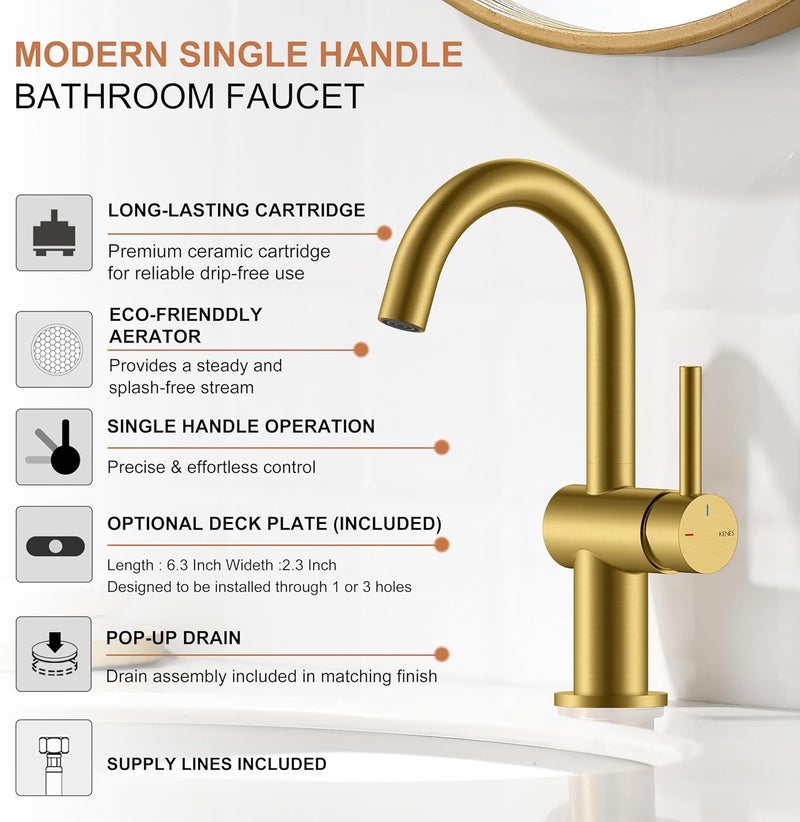 KENES Brushed Gold Single Handle Bathroom Faucets Modern Prep Wet Bar Sink Faucets Bathroom Sink Faucet with Drain Assembly & Deck Plate, Farmhouse RV Camper Outdoor Utility Faucet, KE-9005B-4 - Image 3